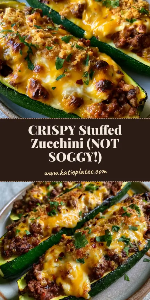 Stuffed Zucchini Recipe with Cheesy Ground Beef and Charred Edges 4 Three cheesy ground beef stuffed zucchini boats on a rustic ceramic plate with charred edges and panko topping. (stuffed zucchini recipe)