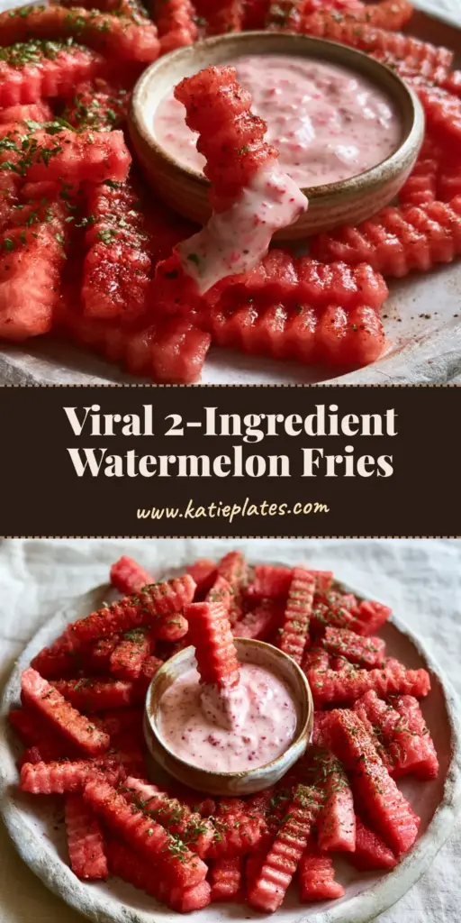 Watermelon Fries with Thick Strawberry Yogurt Dip and Fine Tajin Dusting 4 A tall pile of crinkle-cut watermelon fries on a grey stone platter with strawberry yogurt dip and a Tajin dusting.