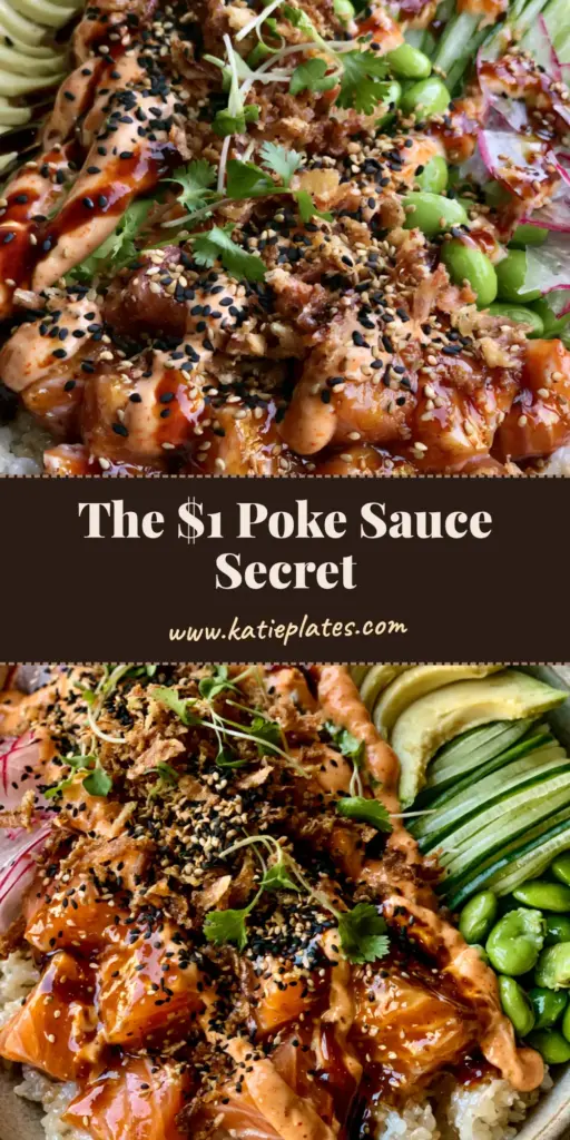 A premium sockeye salmon poke bowl with pearlescent rice, glistening fish, and thick spicy mayo drizzles in a matte ceramic dish. (poke bowl ideas)