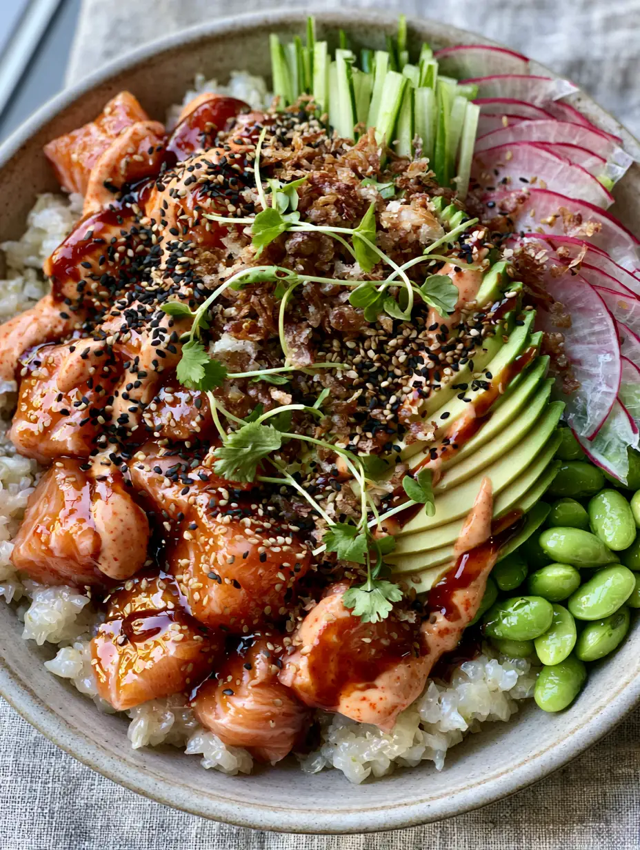 Detailed smartphone photo of glistening glazed sockeye salmon and side-by-side layers of avocado and cucumber. (poke bowl ideas)