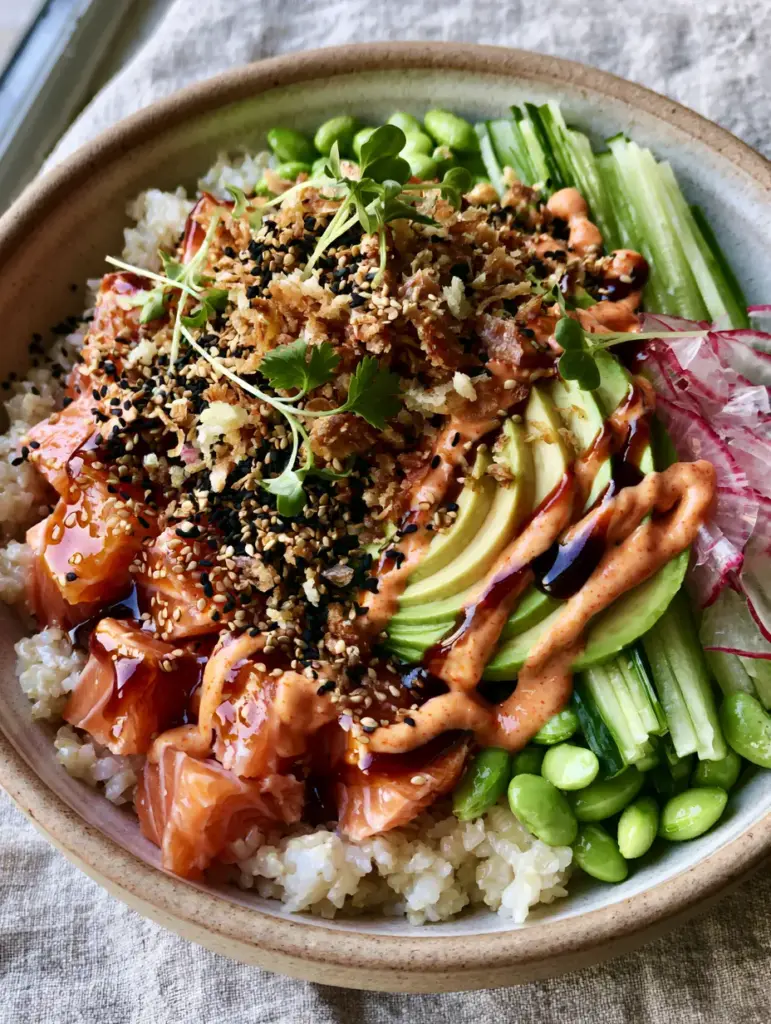 Top down view of a poke bowl showing translucent shaved radishes and heavy drizzles of spicy mayo and unagi sauce.