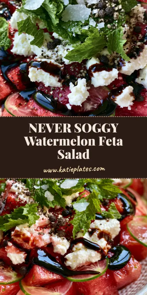 A handheld smartphone photo of a vibrant watermelon salad recipe in a white bowl with balsamic glaze ribbons and feta. (watermelon salad recipe)