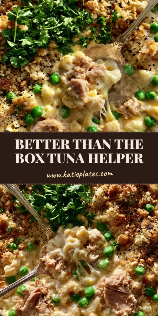 A top-down view of a creamy tuna helper in a white skillet with golden panko and cheese pulls. (tuna helper)