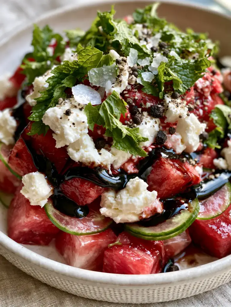 Close-up of cubed watermelon, thin cucumber half-moons, and chunky feta cheese. (watermelon salad recipe)