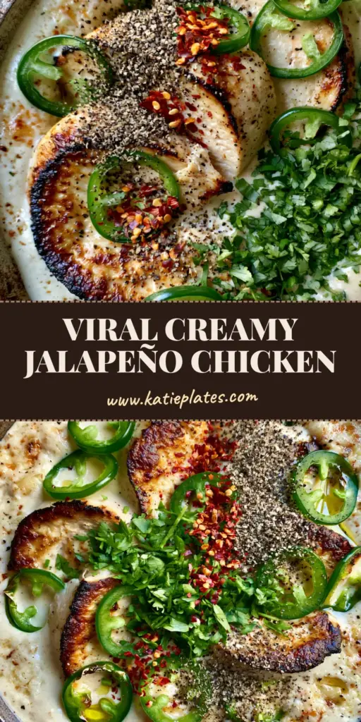A top-down view of a cast iron skillet featuring Creamy Jalapeno Chicken with golden-seared edges and a thick ivory sauce.