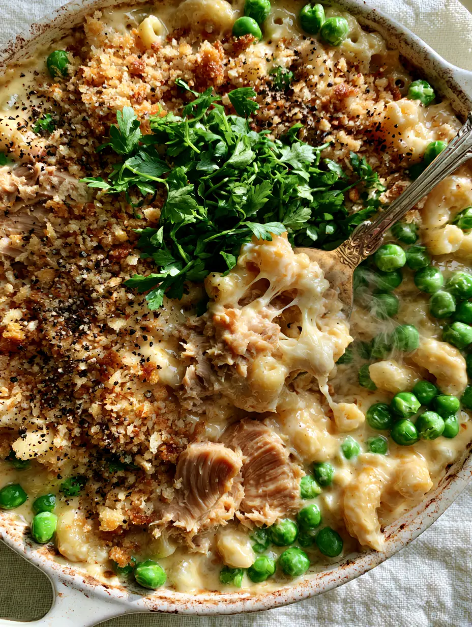 Macro shot of glossy cheddar sauce on elbow macaroni with tuna chunks and peas. (tuna helper)