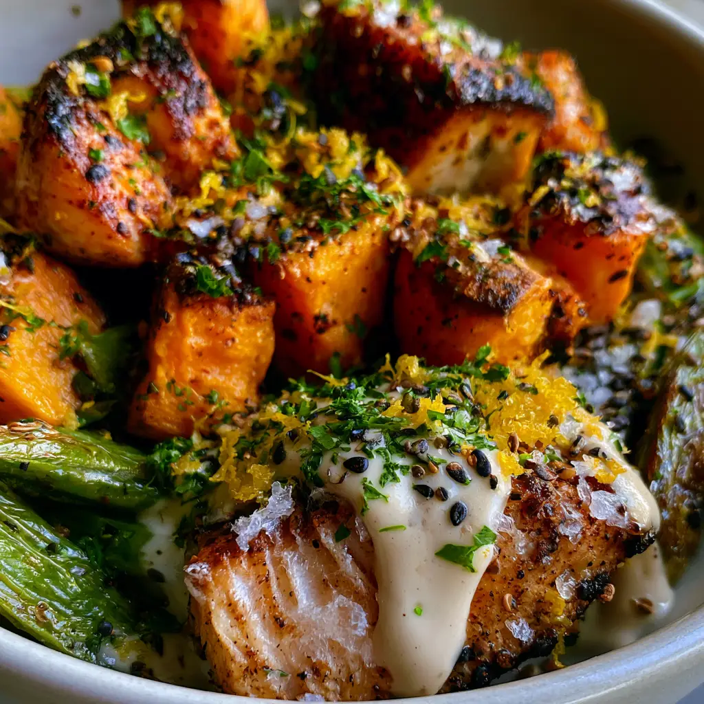 A close-up of thick, opaque ivory tahini sauce drizzling over golden-brown roasted sweet potatoes and charred chicken. (Ramadan recipes)