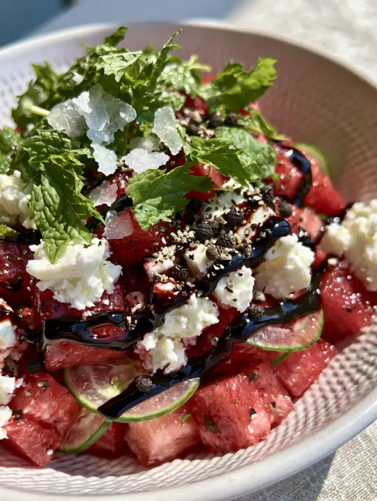 A high-angle shot of a finished watermelon salad with thick balsamic drizzle and fresh mint.