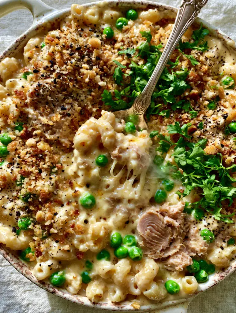 A silver spoon lifting a scoop of tuna pasta showing stretchy mozzarella cheese pulls.