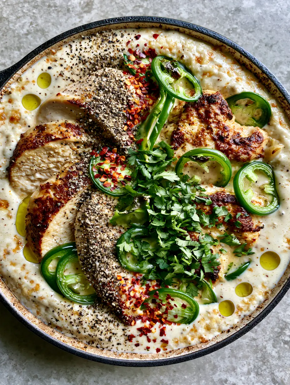 Close-up of seared chicken breast slices in a velvety ivory cream sauce with sliced green jalapenos and red pepper flakes.