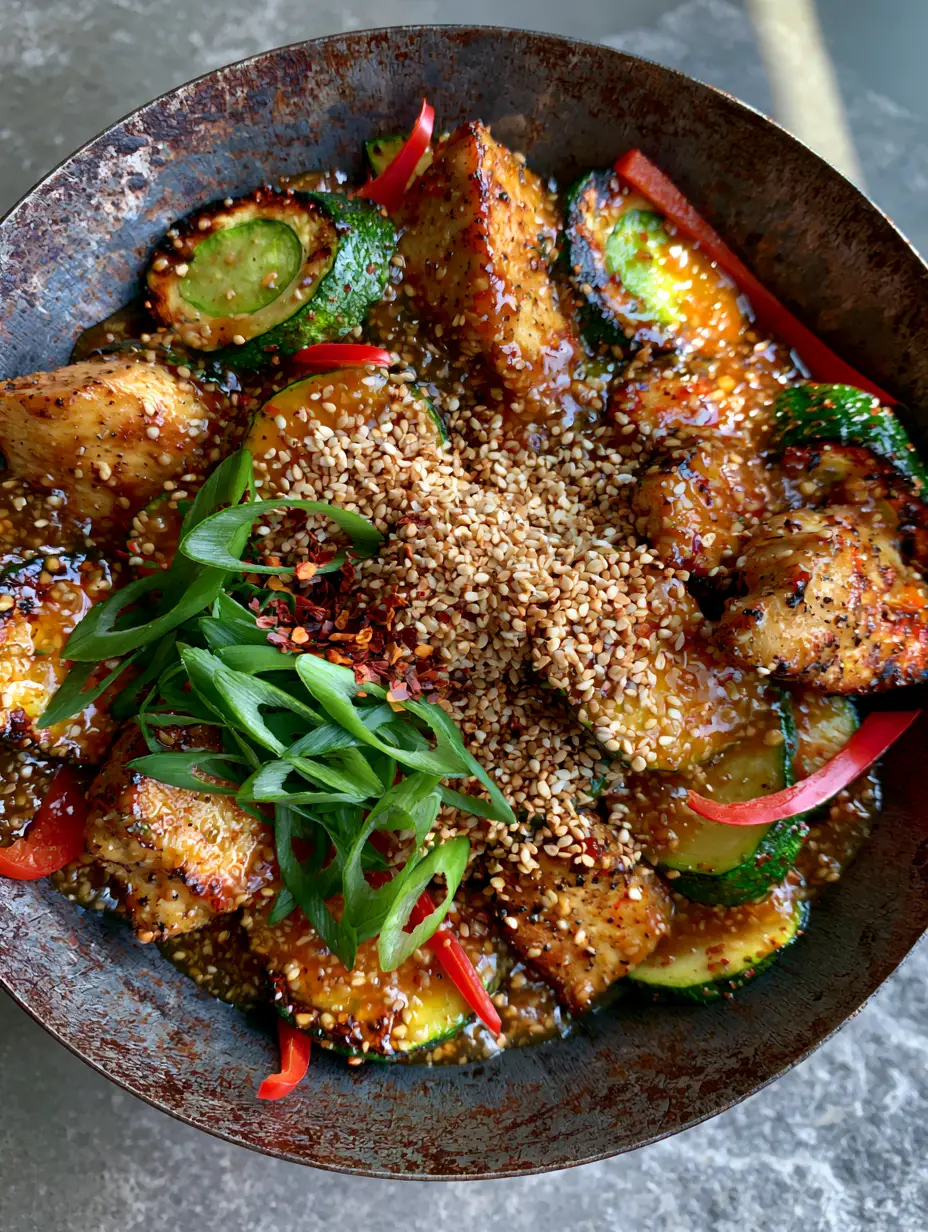 Close up of seared chicken and charred zucchini half-moons in a dark carbon steel wok with a glossy sesame ginger sauce.