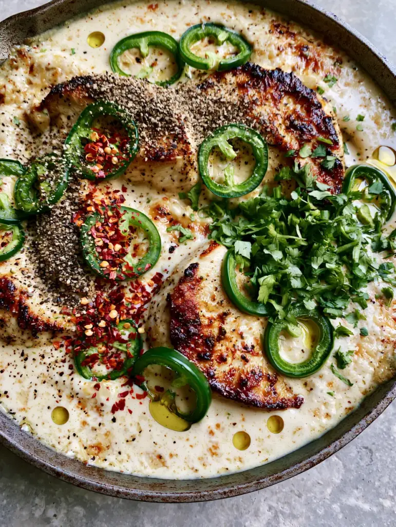 Overhead smartphone shot of Jalapeno Chicken in a cast iron skillet on a grey stone countertop.