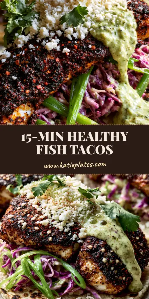 Close-up of three street-style Blackened Fish Tacos on a stone surface with charred tortillas and dripping cilantro lime crema.