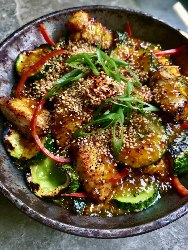 Top-down view of Chicken Zucchini Stir Fry garnished with sesame seeds, scallions, and red chili flakes on a stone countertop.
