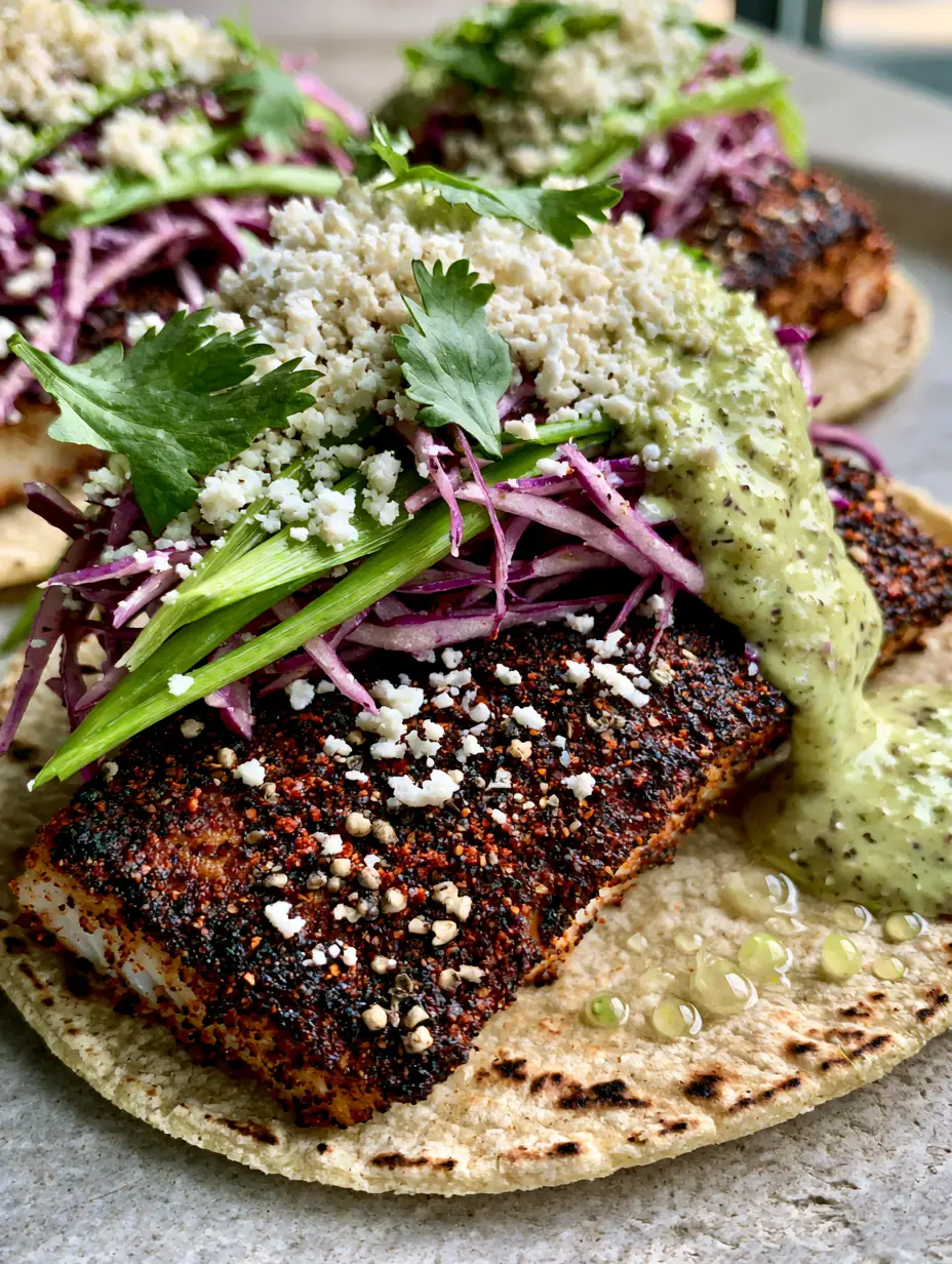 A close-up shot of Blackened Fish Tacos featuring dark, crispy Cajun crust and vibrant purple cabbage slaw.