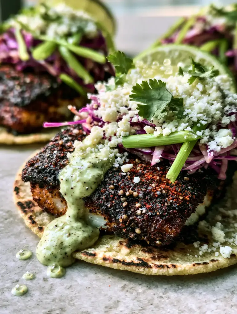 Side view of Blackened Fish Tacos with thick cilantro lime crema cascading down the side of charred corn tortillas.