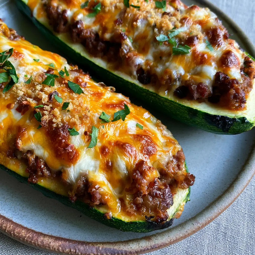Stuffed Zucchini Recipe with Cheesy Ground Beef and Charred Edges 1 Close up of the chunky ground beef filling and toasted panko in this stuffed zucchini recipe.