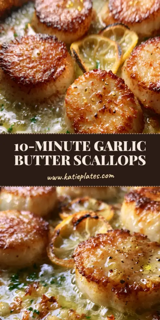 A top-down view of five jumbo pan-seared scallops in a cast iron skillet with bubbling garlic butter, charred lemons, and fresh parsley.