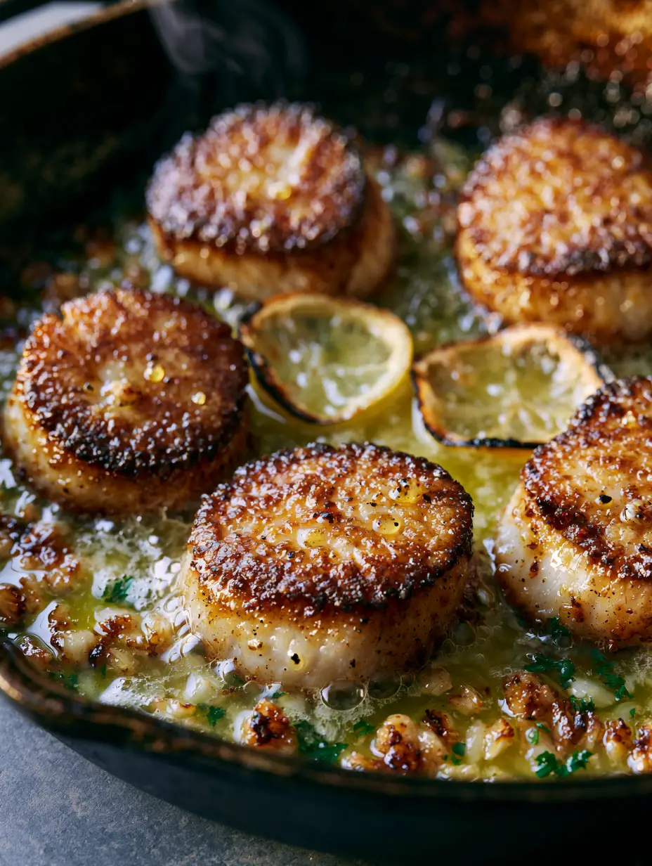 An extreme macro close-up of jumbo pan-seared scallops showing the dark golden-brown shatter-crisp crust and glistening oil droplets.