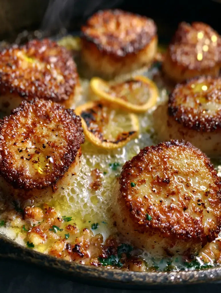 Jumbo sea scallops basting in a pool of bubbling yellow garlic butter sauce with flecks of green parsley and charred lemon slices.