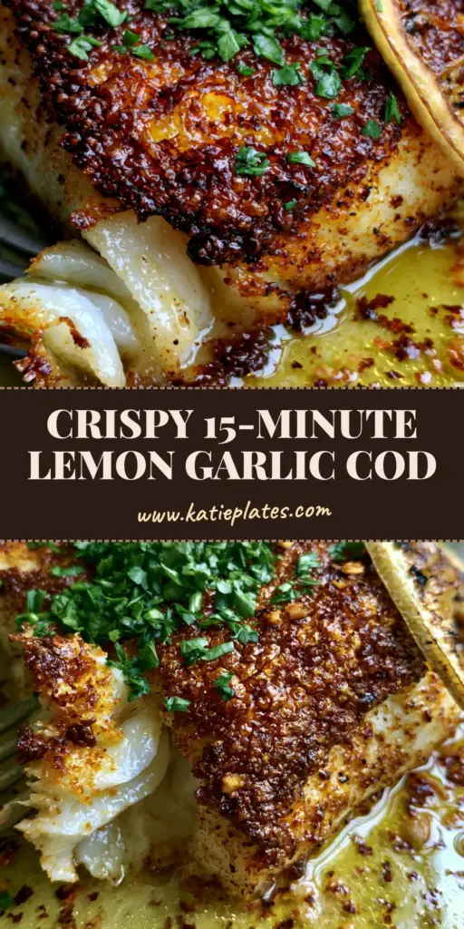 A professional Pinterest pin showcasing a pan-seared cod fillet with a deep golden-brown crust, garnished with fresh parsley and charred lemon slices in a butter sauce.