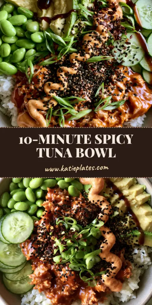 A top-down overhead view of a gourmet Tuna Rice Bowl with spicy mayo, avocado, and cucumber on a marble background.