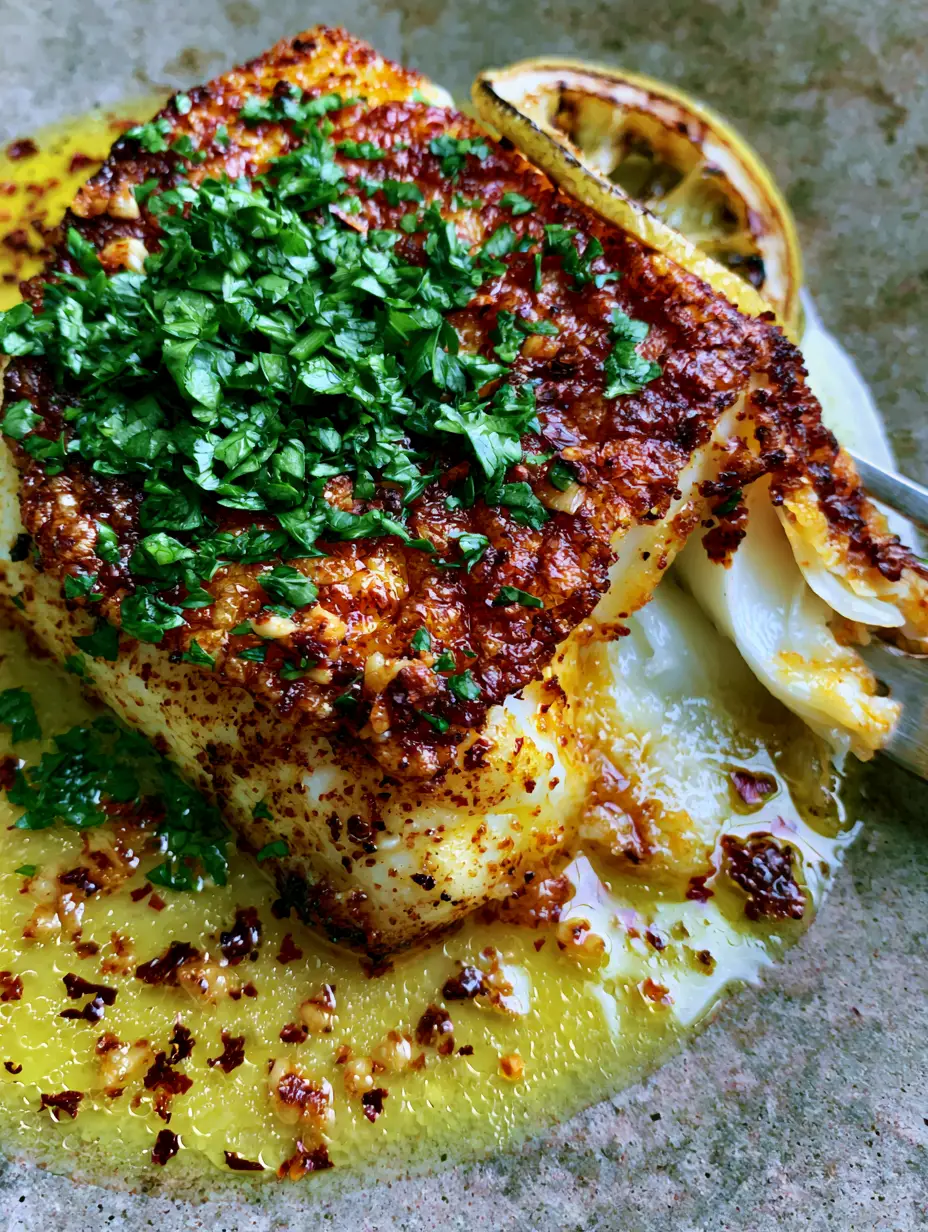 An extreme close-up of a pan-seared cod fillet showing the crackling golden crust and pearly white flaked interior.