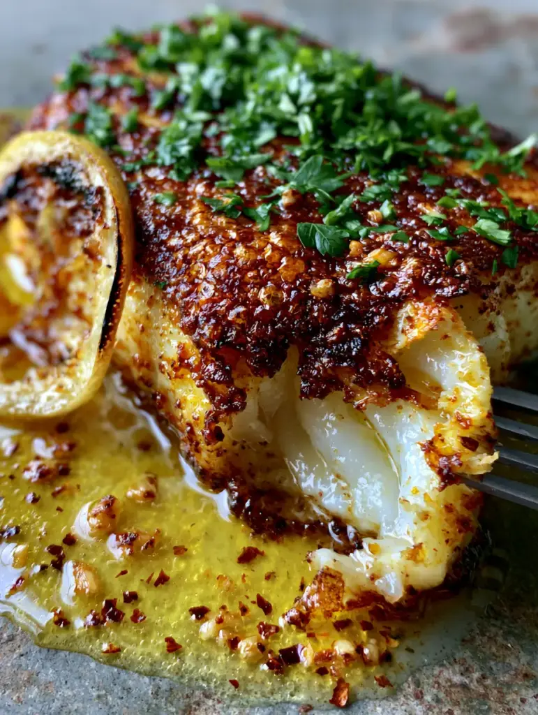 Pan-seared cod sitting in a shimmering lemon garlic butter sauce speckled with red pepper flakes and parsley.
