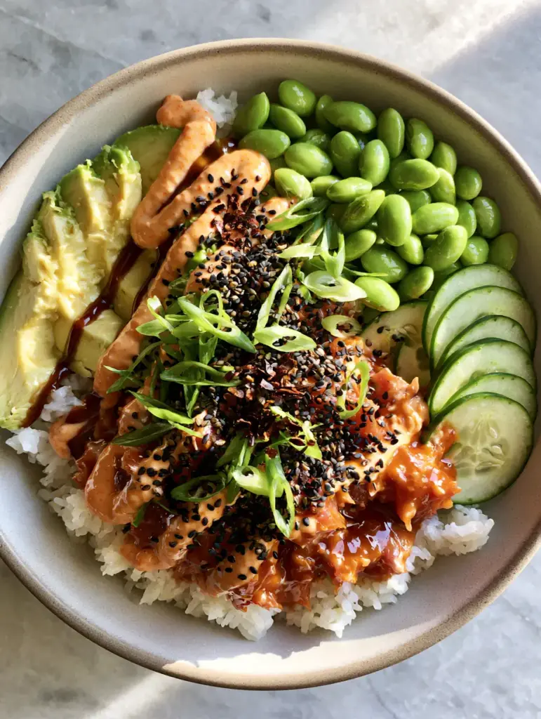 A perfectly arranged Tuna Rice Bowl with distinct sections of cucumber, edamame, and avocado.