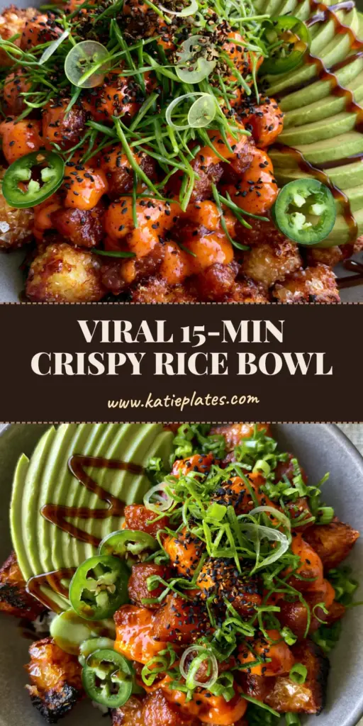 A top-down view of a gourmet tuna crispy rice bowl featuring golden-brown rice cubes, spicy tuna, and fanned avocado in a grey bowl.