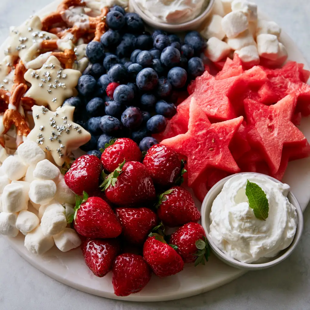 Close-up macro of 4th of july food featuring glossy halved strawberries and matte blueberries with a bowl of whipped cream.