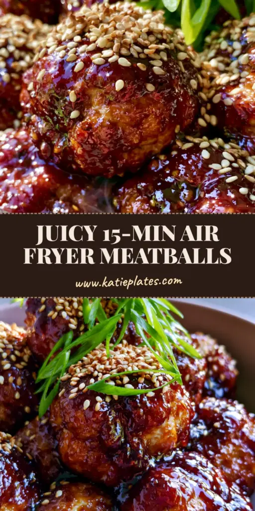 A towering pile of Asian chicken meatballs in a matte ceramic bowl, coated in a shimmering mahogany glaze and topped with sesame seeds and green scallions.