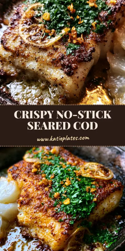 A close-up of a seared cod loin with a deep golden crust, bubbling lemon garlic butter, and charred lemon slices. (seared cod recipe)