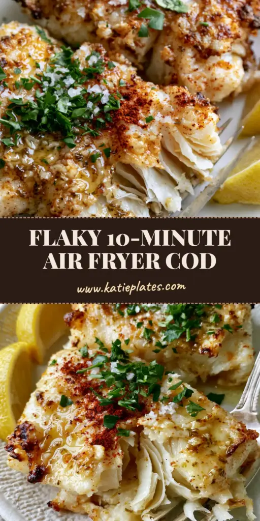 A close-up of thick, glistening air fryer cod fillets topped with fresh parsley and smoked paprika on a white plate.