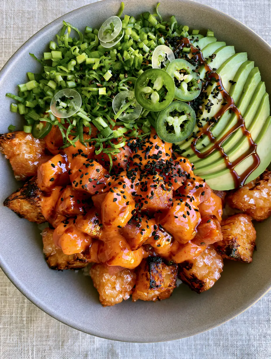 Close-up of air-fried sushi rice cubes topped with glossy orange spicy tuna and fresh scallions in a tuna crispy rice bowl.