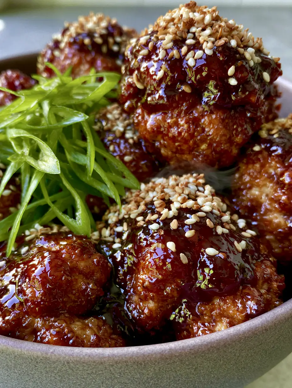 Extreme close-up of Asian chicken meatballs showing the thick honey garlic glaze and visible bits of ginger and red pepper flakes.