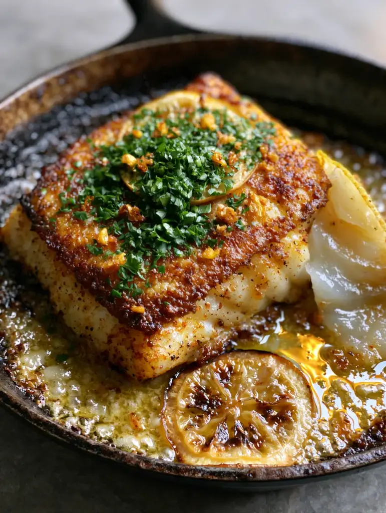 Top-down view of thick-cut cod loin searing in a rustic cast iron skillet with toasted garlic and parsley. (seared cod recipe)
