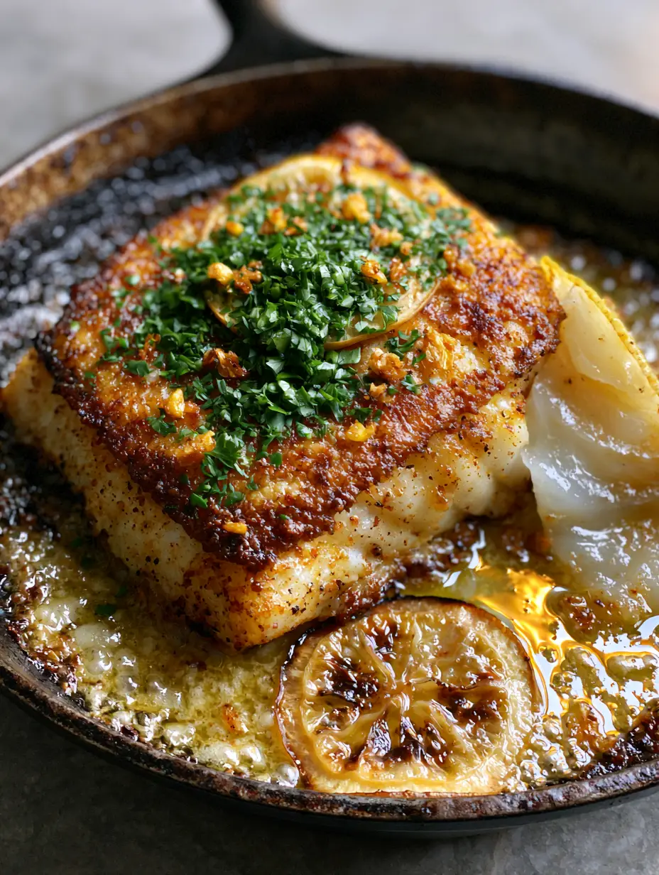 Top-down view of thick-cut cod loin searing in a rustic cast iron skillet with toasted garlic and parsley. (seared cod recipe)