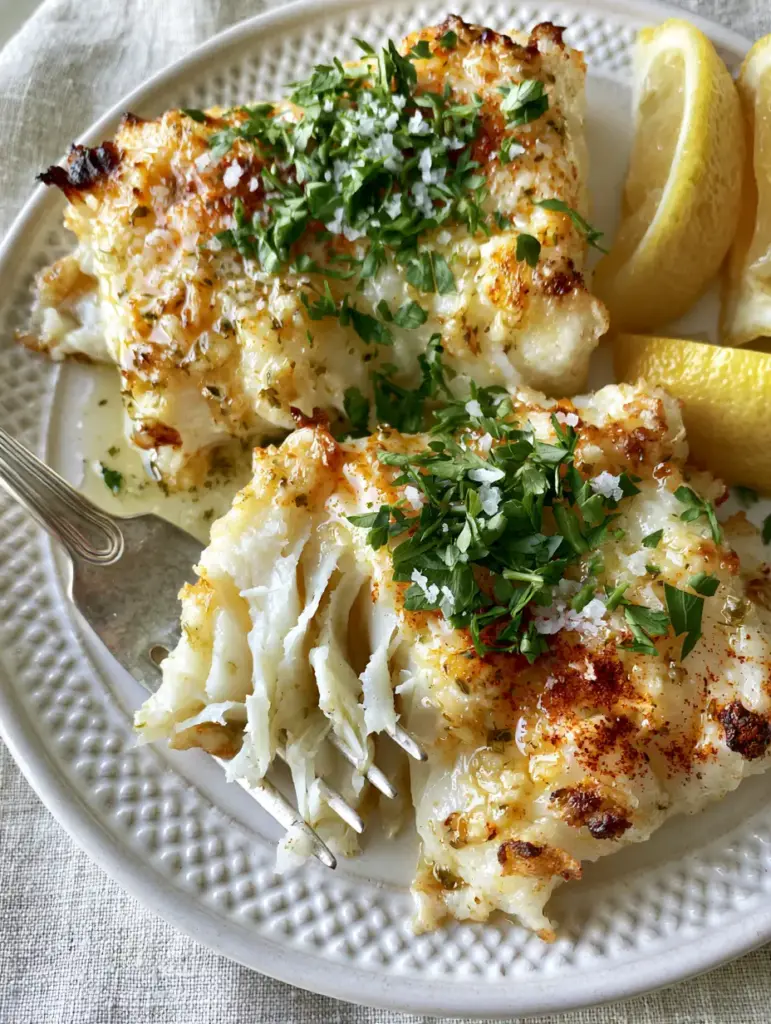 Top-down view of air fryer cod fillets showing succulent, glistening layers and charred edges. (air fryer cod)