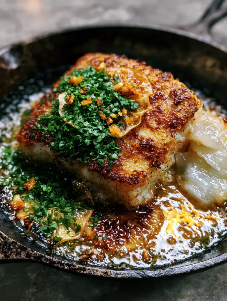 A flake of moist, pearly white cod being pulled away from the golden-brown seared crust.