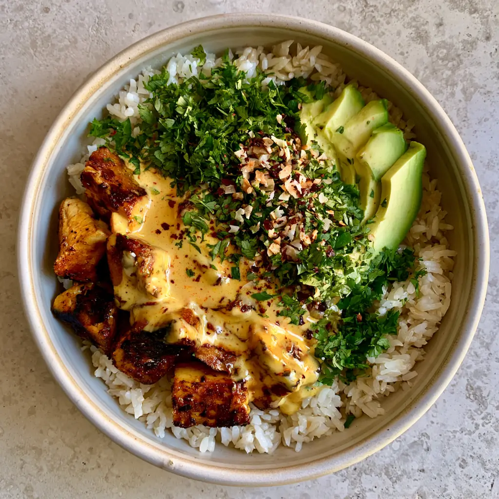 Coconut Chicken Rice Bowl: The Ultimate 30-Minute Tropical Dinner 1 Close up of the Coconut Chicken Rice Bowl showing the texture of toasted coconut flakes and fresh cilantro.
