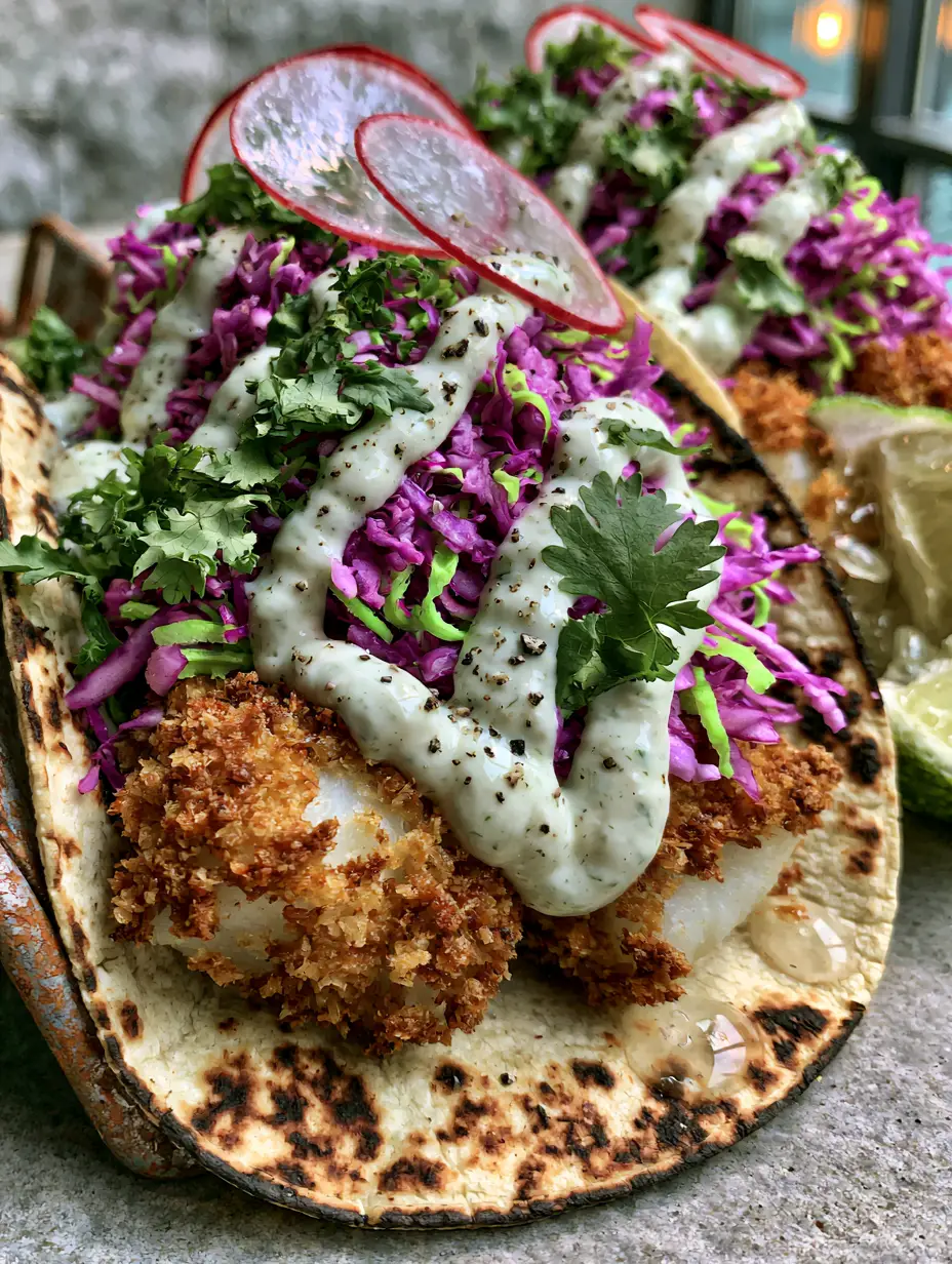 Fish Tacos Recipe: The Ultimate Panko-Crusted Cod Tacos with Cilantro-Lime Crema 3 Close up of panko-crusted cod fillets in charred corn tortillas with thick crema drizzle. (fish tacos recipe)