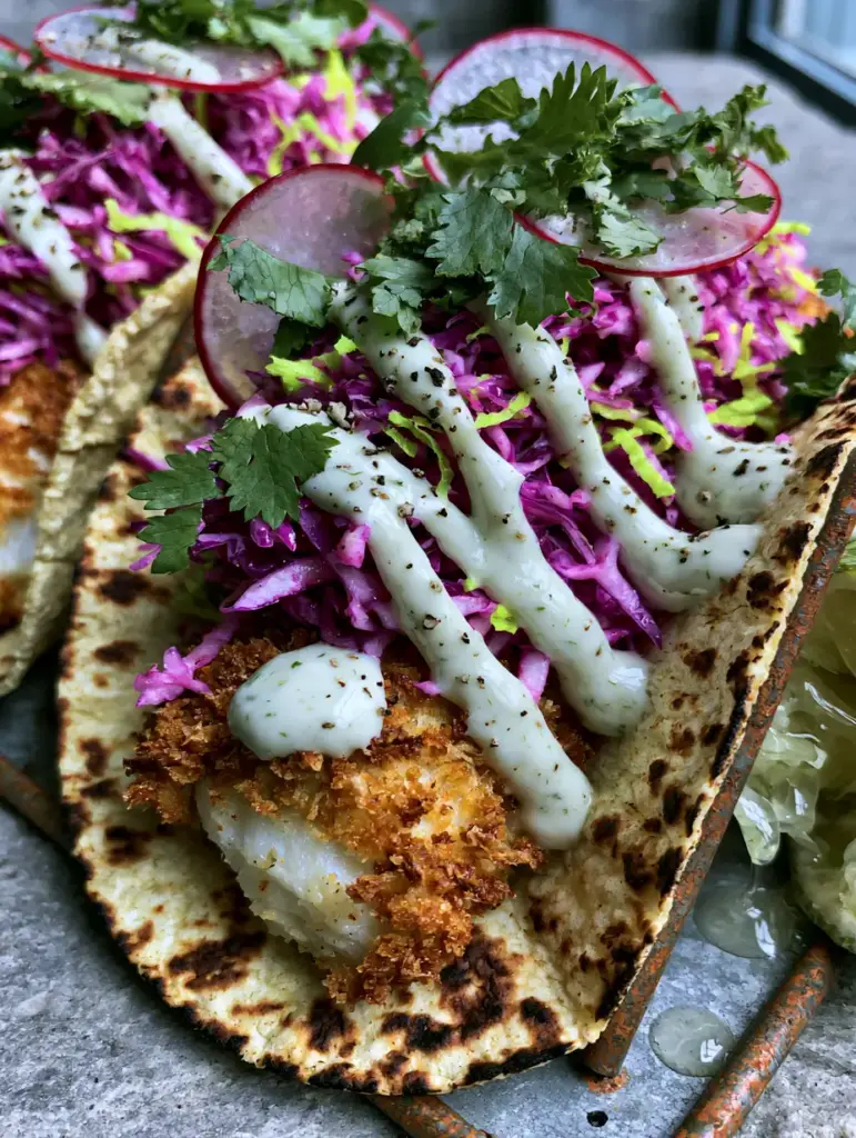 Fish Tacos Recipe: The Ultimate Panko-Crusted Cod Tacos with Cilantro-Lime Crema 1 Three gourmet fish tacos with neon green and purple cabbage slaw and thin radish slices.