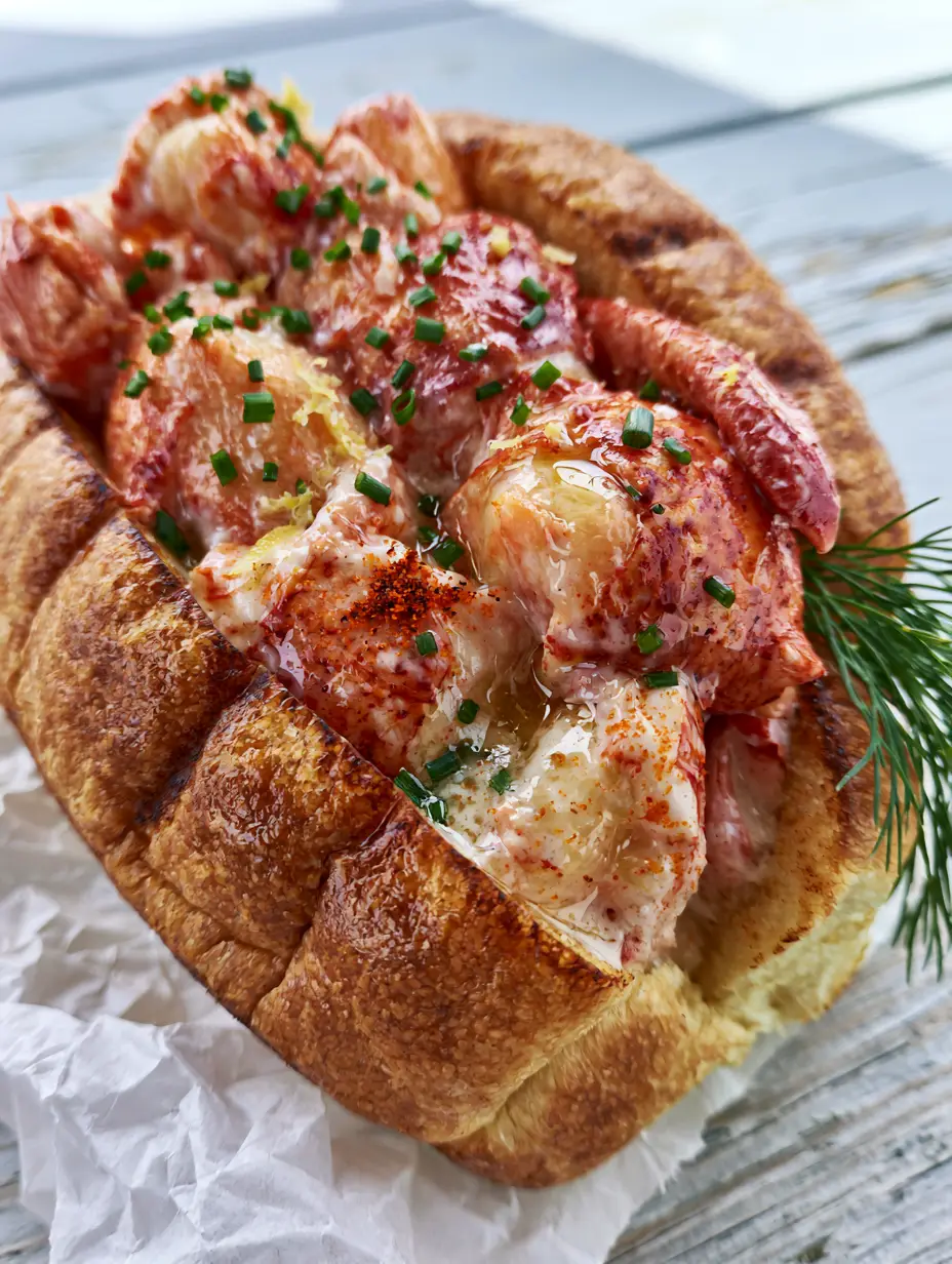 Ultra close-up of succulent chilled lobster claw meat glistening with butter glaze inside a golden-brown toasted brioche bun. (Lobster Rolls)