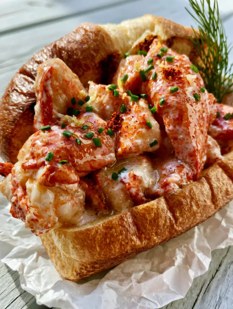 A top-down view of a Lobster Roll showing the light paprika dusting, minced chives, and lemon zest garnish.