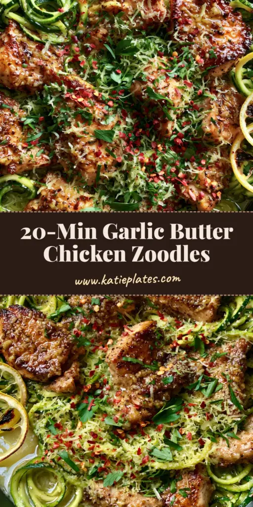 Garlic Chicken Zucchini Noodles with Lemon Butter Emulsion 3 A professional top-down shot of Garlic Chicken Zucchini Noodles in a matte black skillet with golden seared chicken and vibrant green zoodles.