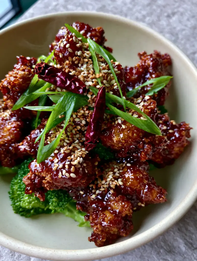 General Tso's Chicken: Ultra-Crispy Air Fryer Recipe with a Sticky Honey-Soy Glaze 1 General Tso's chicken layered over bright green broccoli florets in a matte ceramic bowl.