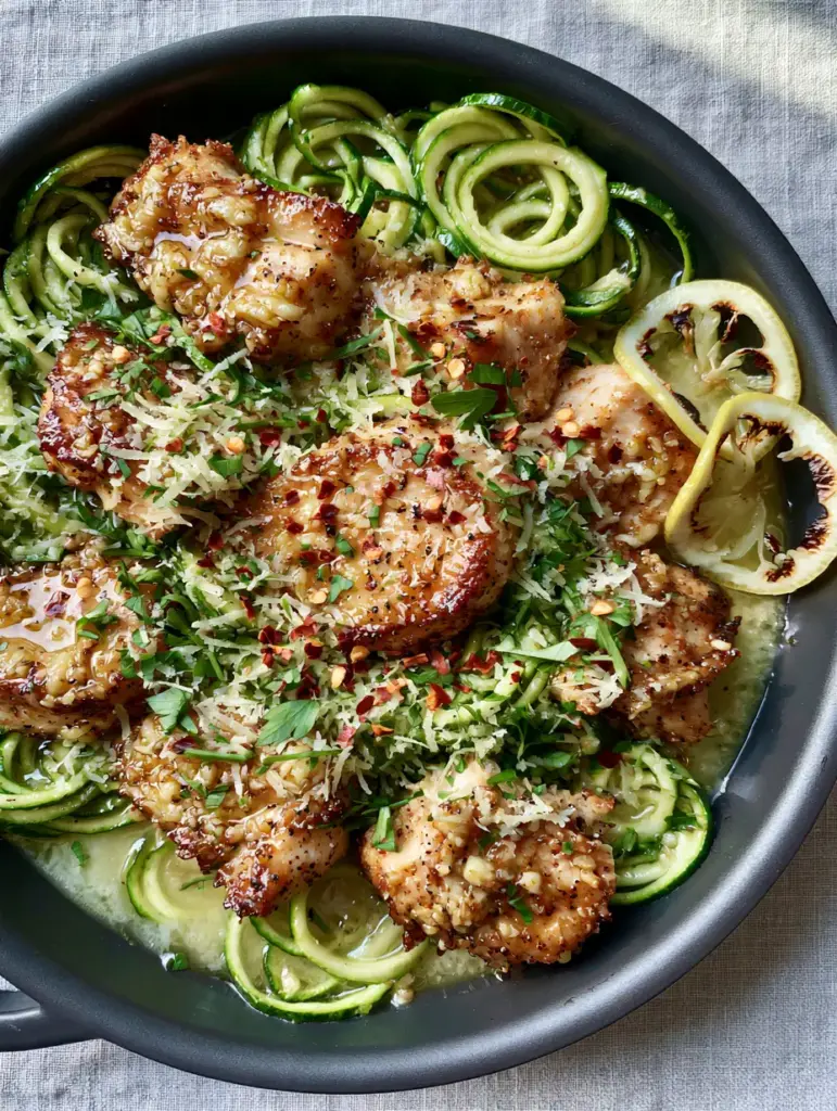 Close up of seared golden chicken breast chunks and spiralized zucchini in a garlic butter sauce. (Garlic Chicken Zucchini Noodles)