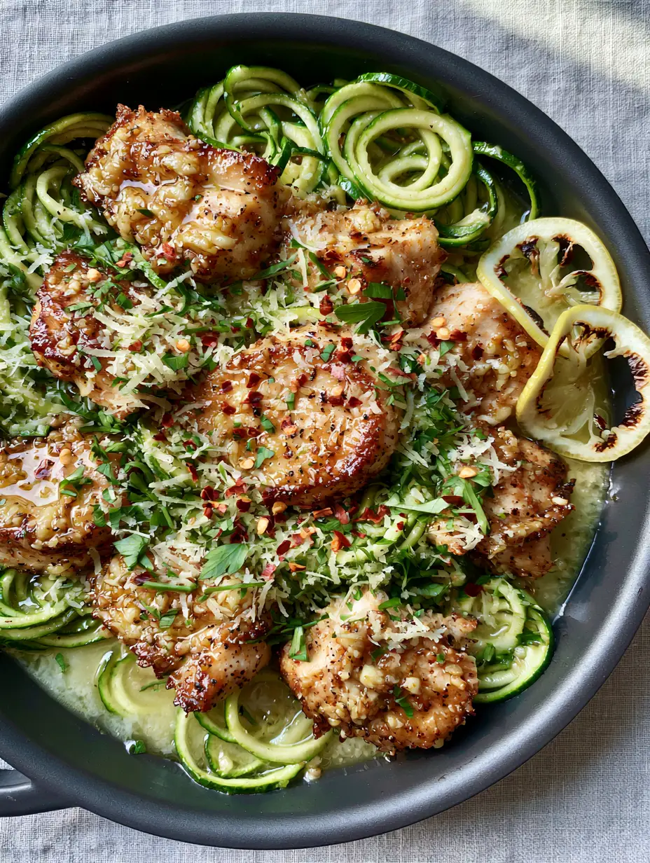 Garlic Chicken Zucchini Noodles with Lemon Butter Emulsion 4 Close up of seared golden chicken breast chunks and spiralized zucchini in a garlic butter sauce. (Garlic Chicken Zucchini Noodles)