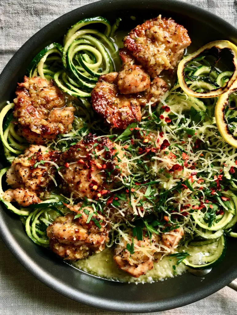 Garlic Chicken Zucchini Noodles with Lemon Butter Emulsion 1 Garlic Chicken Zucchini Noodles garnished with parmesan, parsley, and charred lemon slices in a black pan.